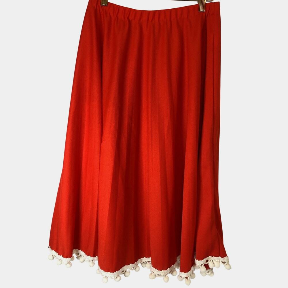 Red Midi Skirt White Pom-Pom Trim 1960s Mid Length Vintage Size 16 / Medium - Picture 9 of 9